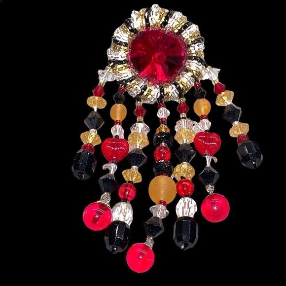 Sparkling brilliant Red gold black Swarovski Rivoli chandelier earrings pierced - Picture 9 of 11